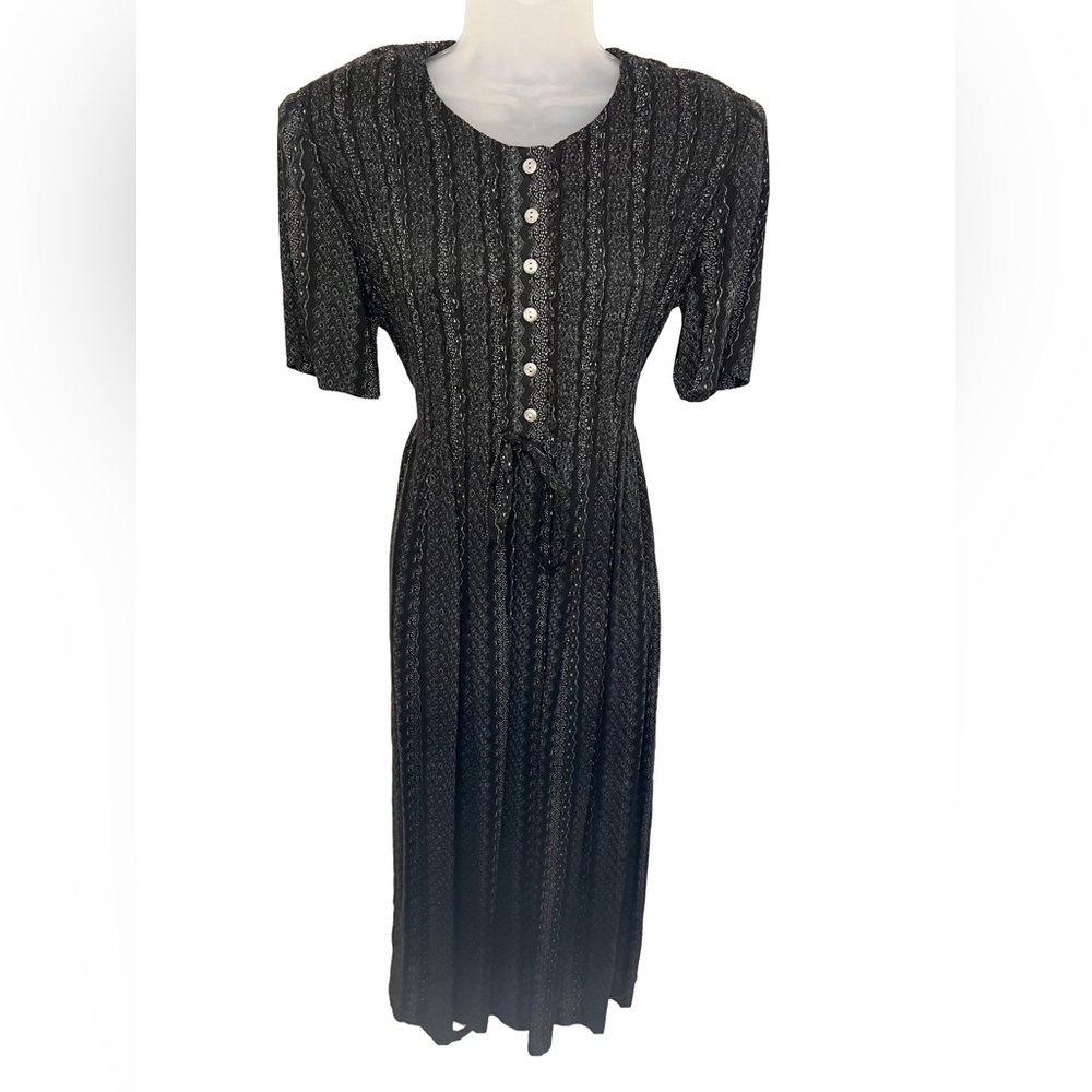 Vntg Karin Stevens Maxi Dress 8 Smocked Bow Short Sleeve Western Cottage Prairie